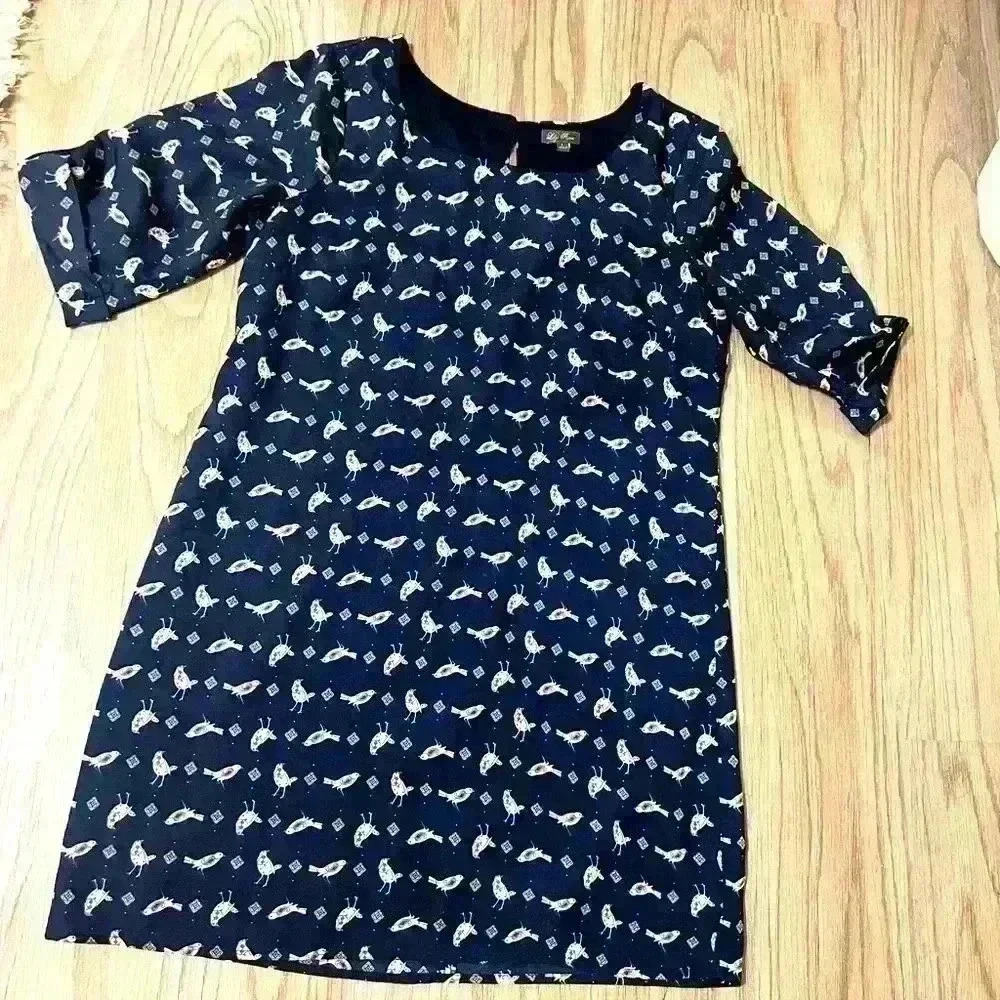 Lily Rose bird print 3/4 tab sleeve fully lined dress woman's size Large (#145)